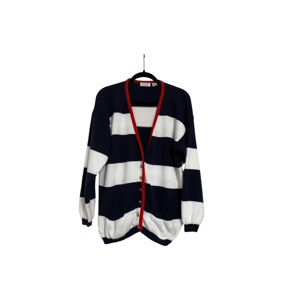 VINTAGE CHERYL TIEGS NAUTICAL BLUE STRIPE ANCHOR CARDIGAN SIZE LARGE‎